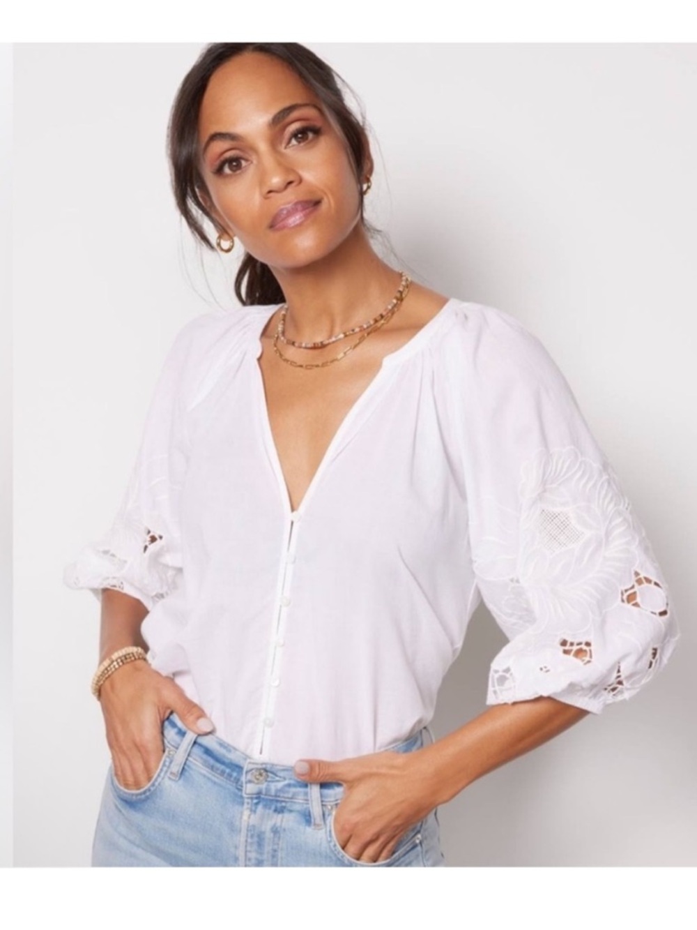 Cleobella Lea blouse White Floral Eyelet Puff Sleeve Size Small Cotton Poplin